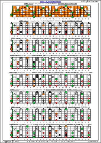 AGEDC octaves A pentatonic minor scale (31313 sweep patterns) box shapes : entire fretboard intervals